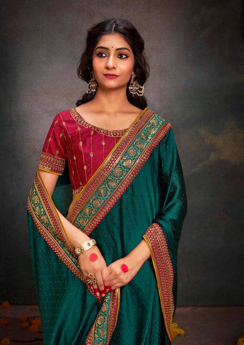 Dark Rama Green Soft Satin Silk Swarovski Work Saree