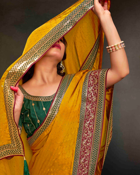 Festive Yellow Soft Satin Silk Swarovski Work Saree