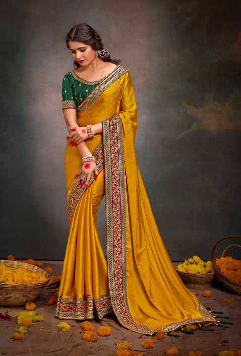 Festive Yellow Soft Satin Silk Swarovski Work Saree