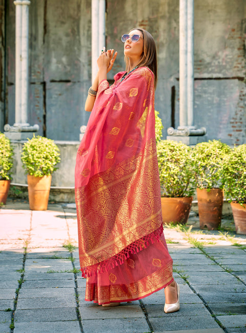 Peach Pink Woven Banarasi Tissue Silk Saree