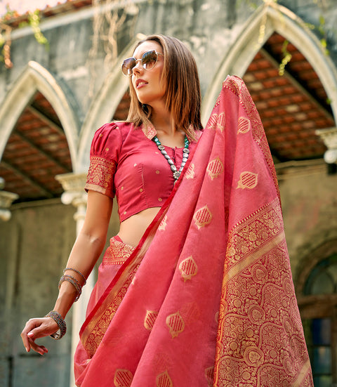 Peach Pink Woven Banarasi Tissue Silk Saree