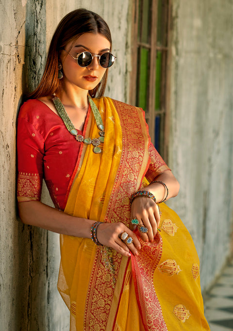 Mustard Yellow Woven Banarasi Tissue Silk Saree