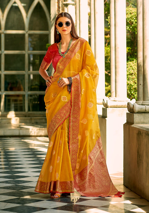 Mustard Yellow Woven Banarasi Tissue Silk Saree