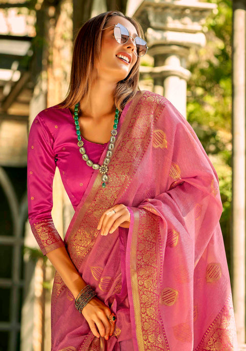 Pink Woven Banarasi Tissue Silk Saree