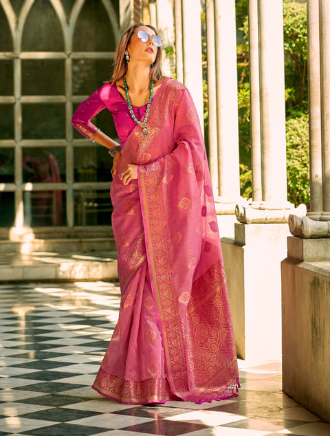 Pink Woven Banarasi Tissue Silk Saree