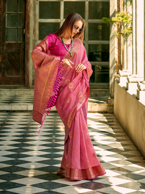 Pink Woven Banarasi Tissue Silk Saree