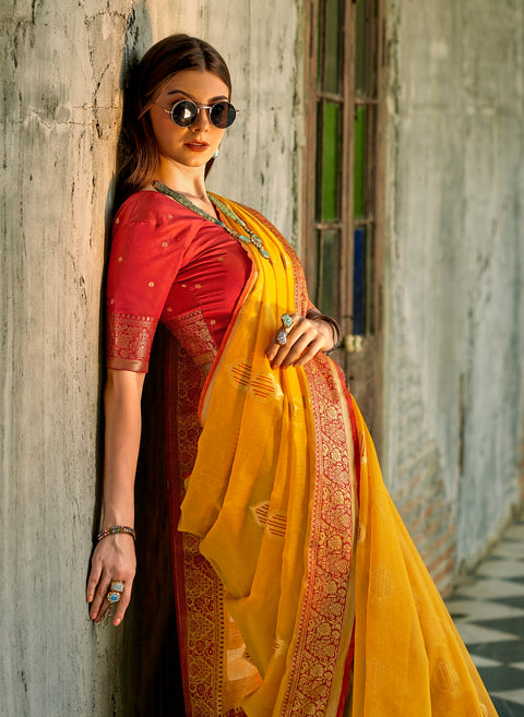 Mustard Yellow Woven Banarasi Tissue Silk Saree
