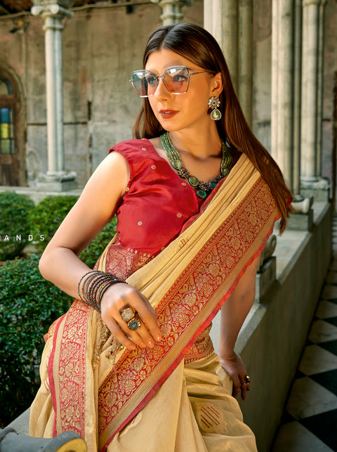 Beige Woven Banarasi Tissue Silk Saree