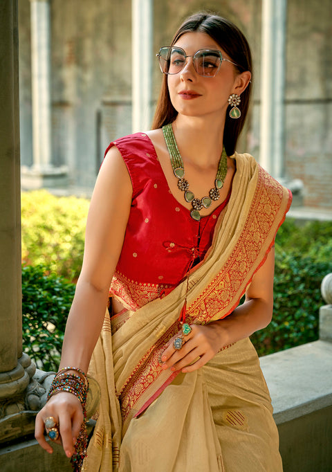 Beige Woven Banarasi Tissue Silk Saree