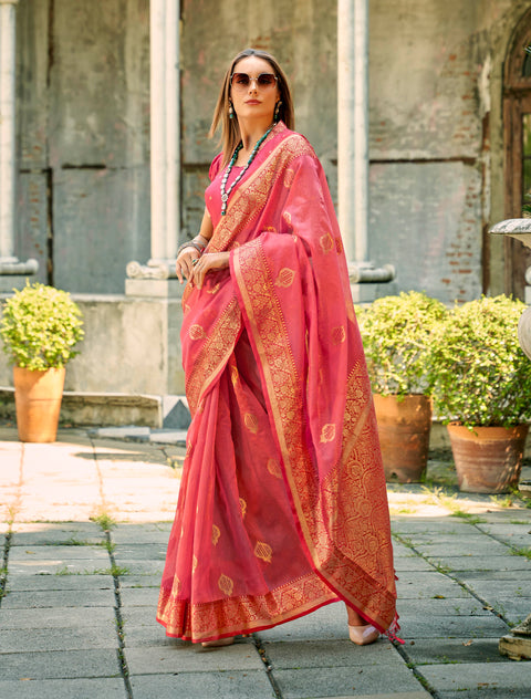 Peach Pink Woven Banarasi Tissue Silk Saree