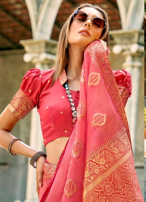 Peach Pink Woven Banarasi Tissue Silk Saree