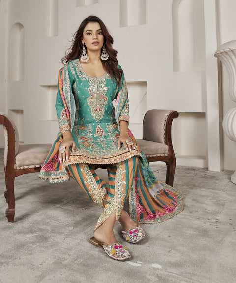 Green Mirror Embroidered Chinon Dhoti Salwar Suit