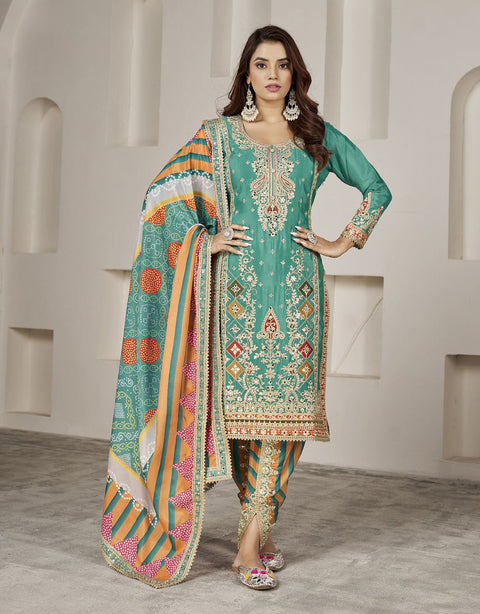Green Mirror Embroidered Chinon Dhoti Salwar Suit