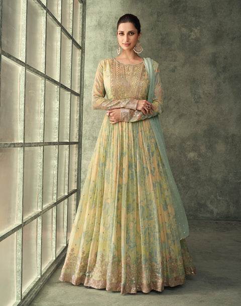 Yellow and Green Floral Printed With Sequence Work Georgette Gown