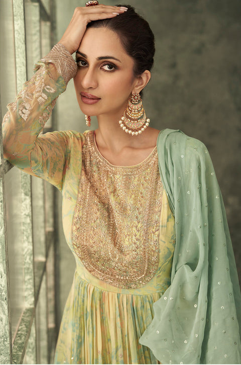 Yellow and Green Floral Printed With Sequence Work Georgette Gown