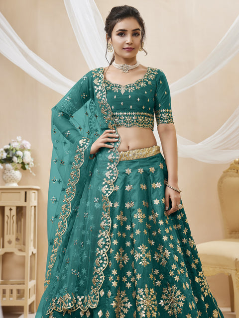 Green Sequins and Zari Embroidered Art Silk Lehenga Choli