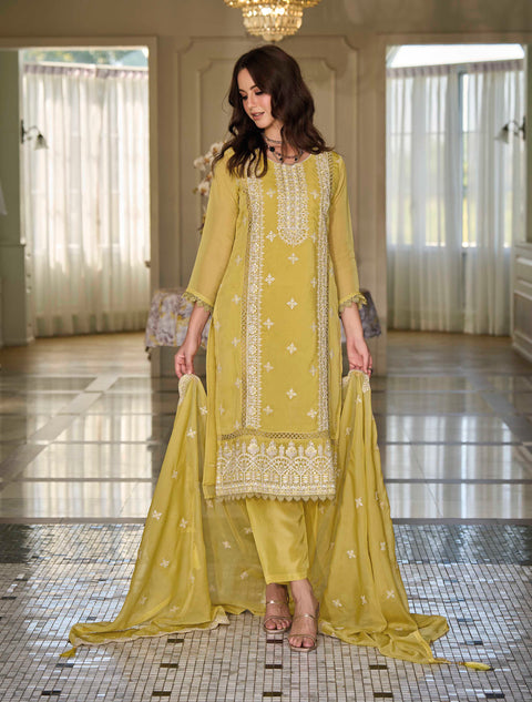 Ravishing Yellow Embroidered Organza Wedding Wear Salwar Kameez