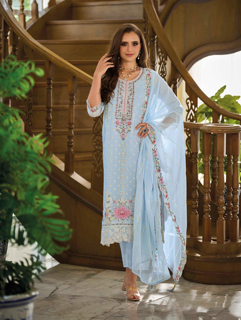 Gorgeous Sky Blue Embroidered Organza Wedding Wear Salwar Kameez