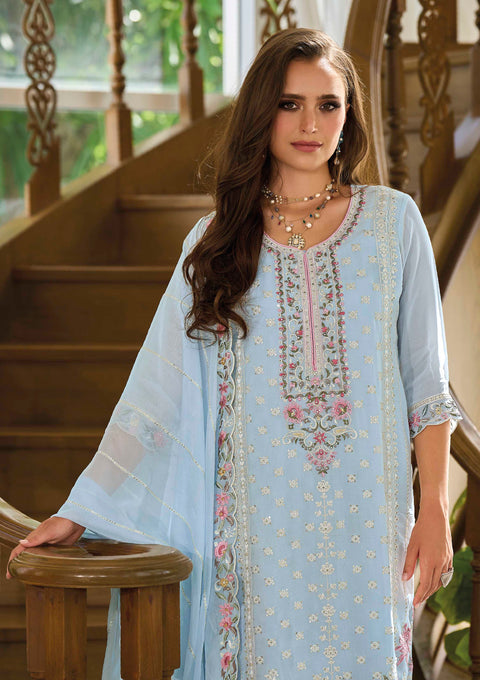 Gorgeous Sky Blue Embroidered Organza Wedding Wear Salwar Kameez