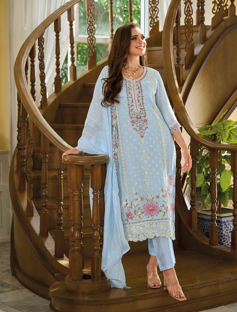 Gorgeous Sky Blue Embroidered Organza Wedding Wear Salwar Kameez