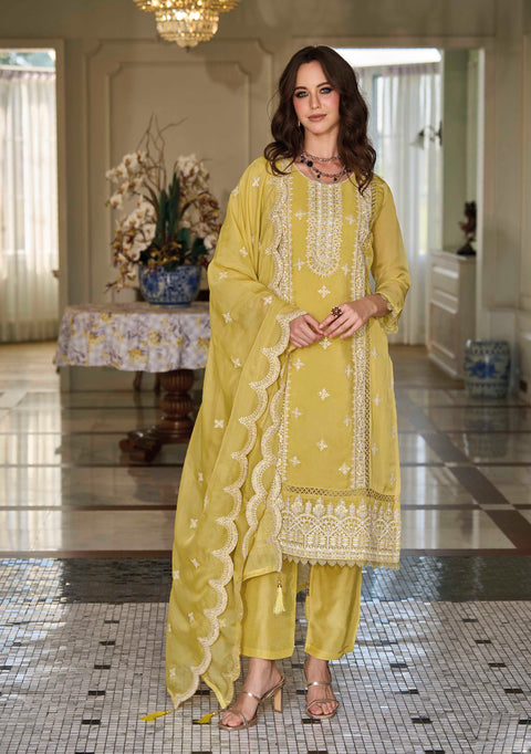 Ravishing Yellow Embroidered Organza Wedding Wear Salwar Kameez