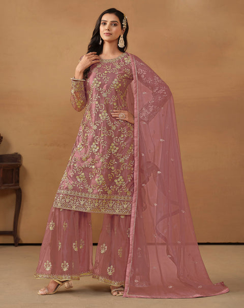Pink Floral Embroidered Net Sharara Suit