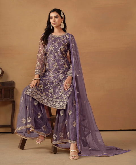 Purple Floral Embroidered Net Sharara Suit