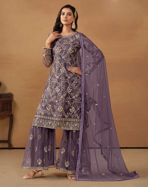 Purple Floral Embroidered Net Sharara Suit