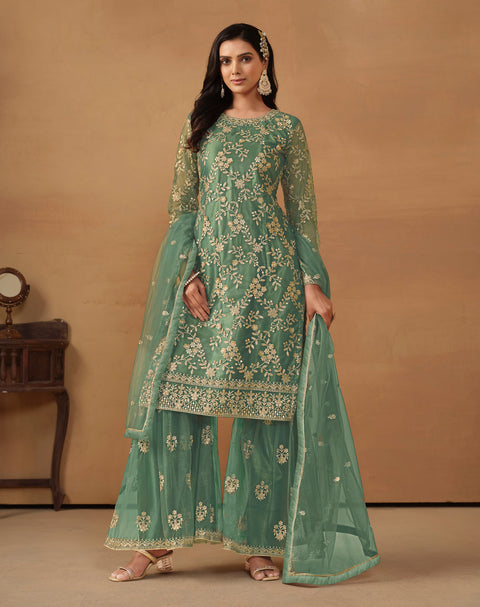 Turquoise Floral Embroidered Net Sharara Suit