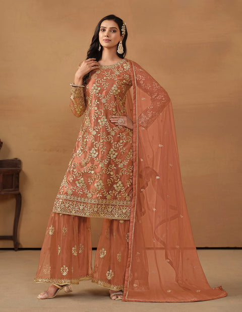Orange Floral Embroidered Net Sharara Suit