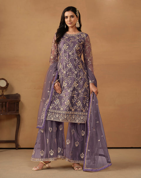Purple Floral Embroidered Net Sharara Suit