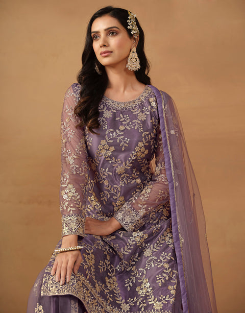 Purple Floral Embroidered Net Sharara Suit