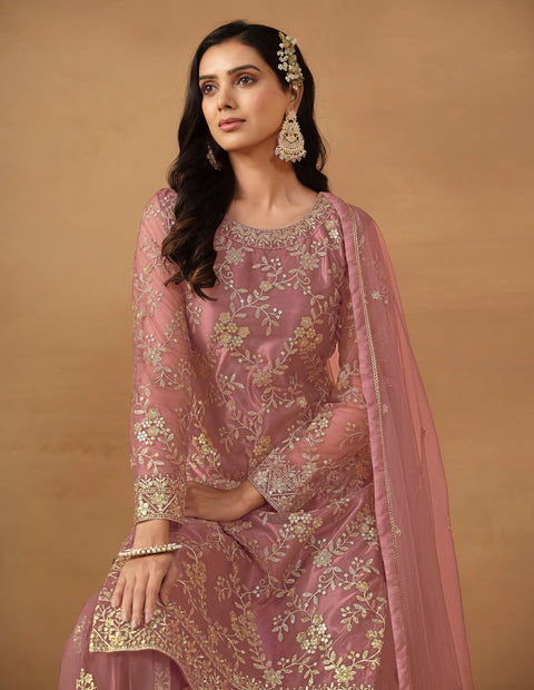Pink Floral Embroidered Net Sharara Suit