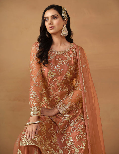 Orange Floral Embroidered Net Sharara Suit