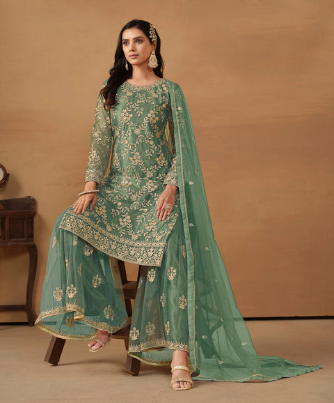 Turquoise Floral Embroidered Net Sharara Suit