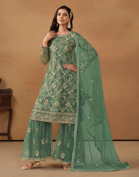 Turquoise Floral Embroidered Net Sharara Suit
