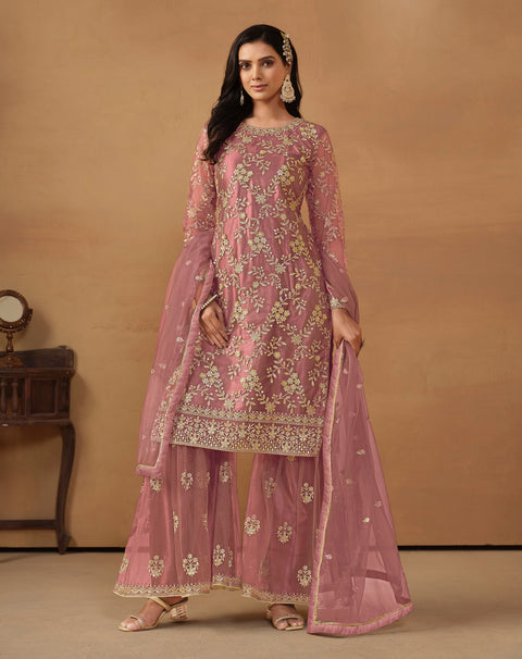 Pink Floral Embroidered Net Sharara Suit