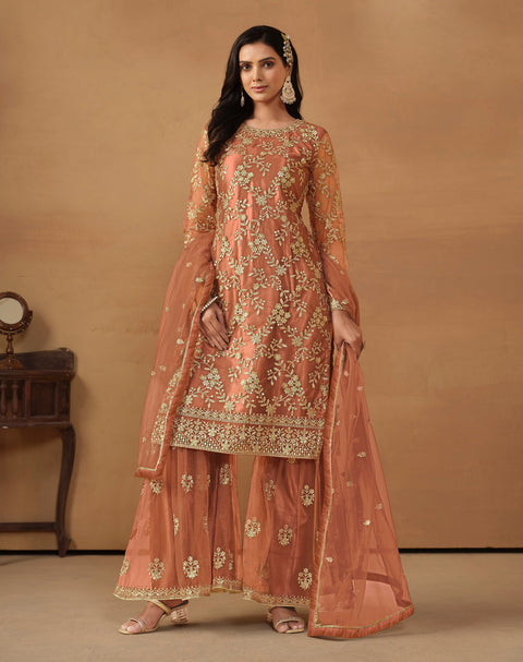 Orange Floral Embroidered Net Sharara Suit