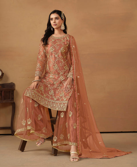 Orange Floral Embroidered Net Sharara Suit