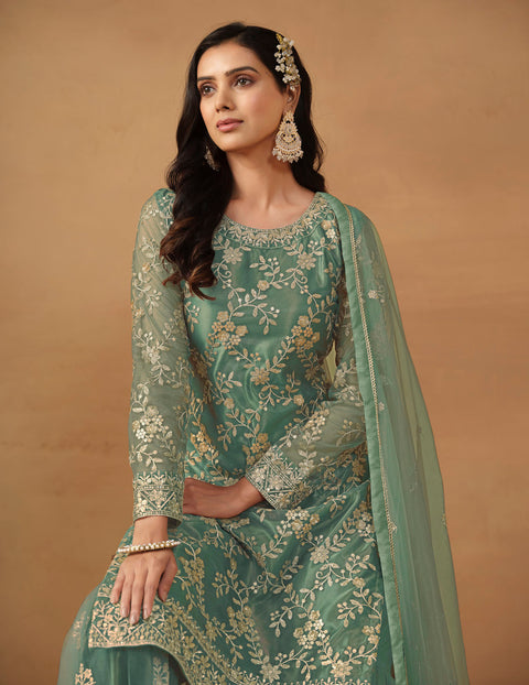 Turquoise Floral Embroidered Net Sharara Suit