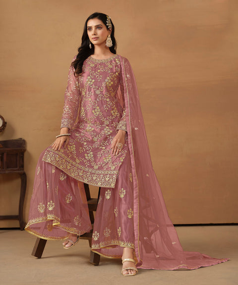 Pink Floral Embroidered Net Sharara Suit