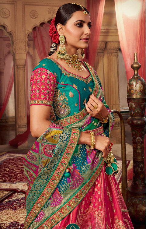 Multi Color Wedding Wear Woven-Embellished Banarasi Silk Lehenga Choli