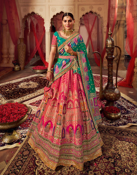 Multi Color Wedding Wear Woven-Embellished Banarasi Silk Lehenga Choli