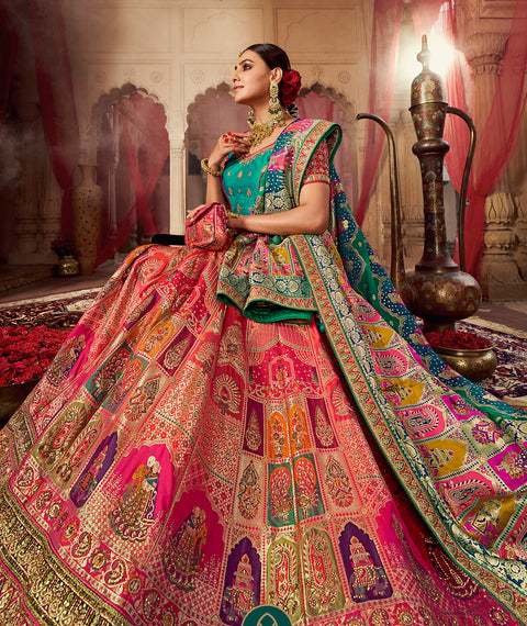 Multi Color Wedding Wear Woven-Embellished Banarasi Silk Lehenga Choli