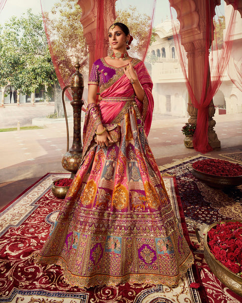 Purple Wedding Wear Woven-Embellished Banarasi Silk Lehenga Choli