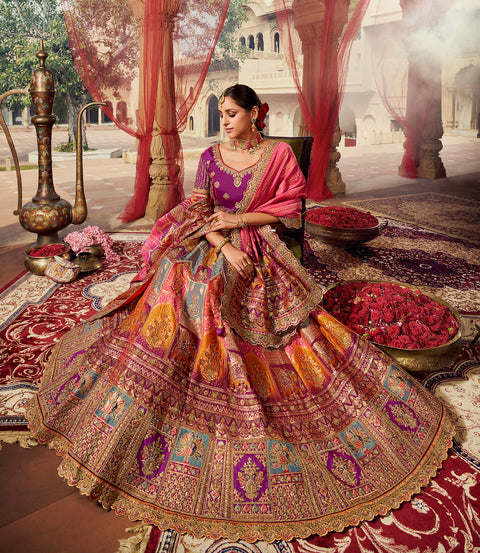 Purple Wedding Wear Woven-Embellished Banarasi Silk Lehenga Choli