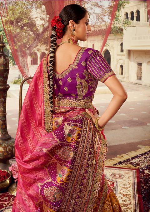 Purple Wedding Wear Woven-Embellished Banarasi Silk Lehenga Choli
