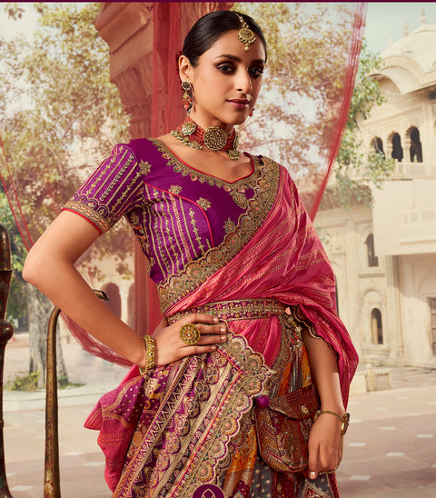 Purple Wedding Wear Woven-Embellished Banarasi Silk Lehenga Choli