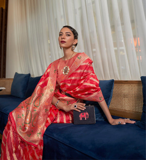 Red Two Tone Meenakari Handloom Weaving Organza Saree