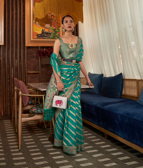 Peacock Green Tone Meenakari Handloom Weaving Organza Saree